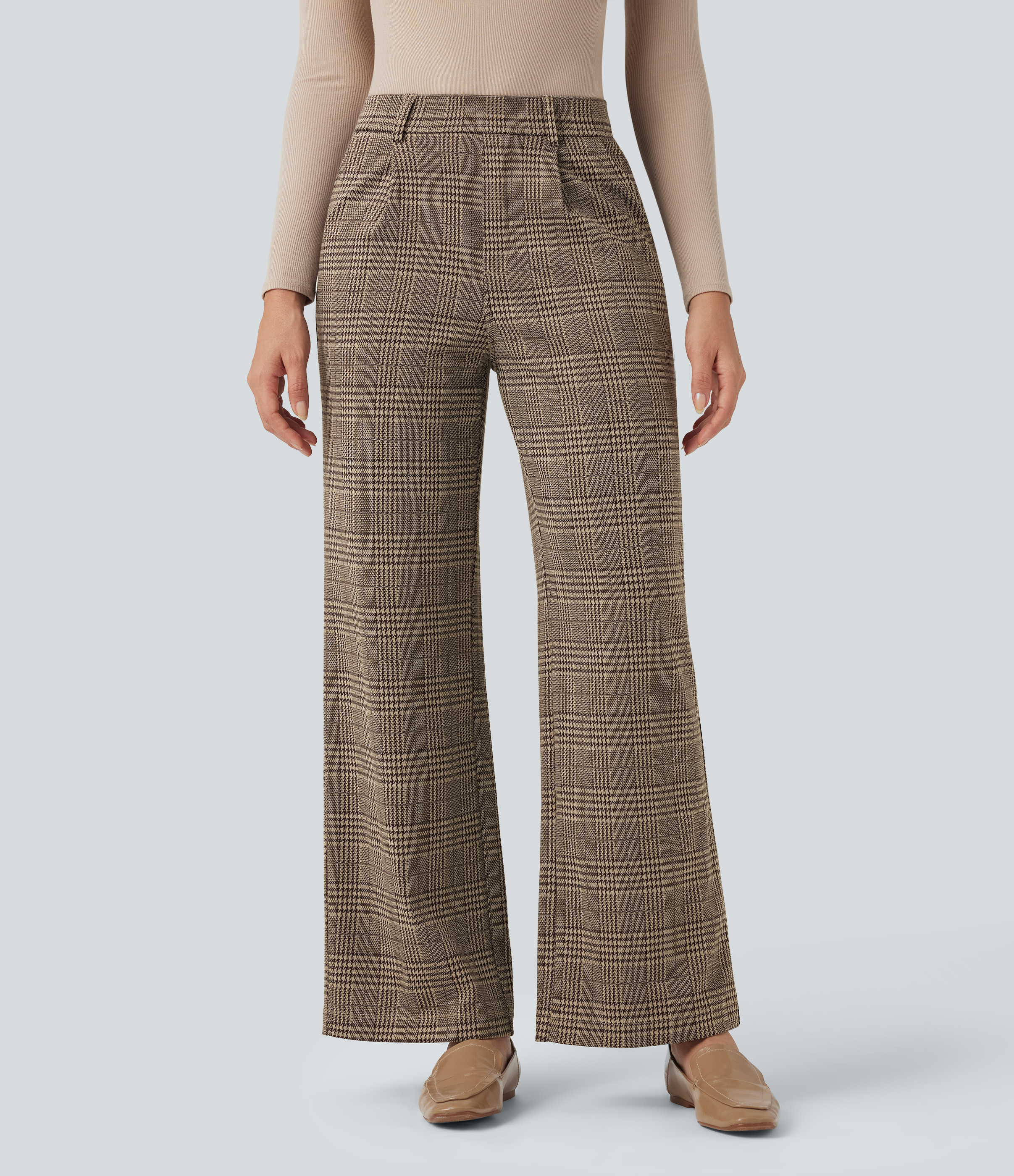 High Waisted Straight Leg Houndstooth Plaid Work Pants with Pockets