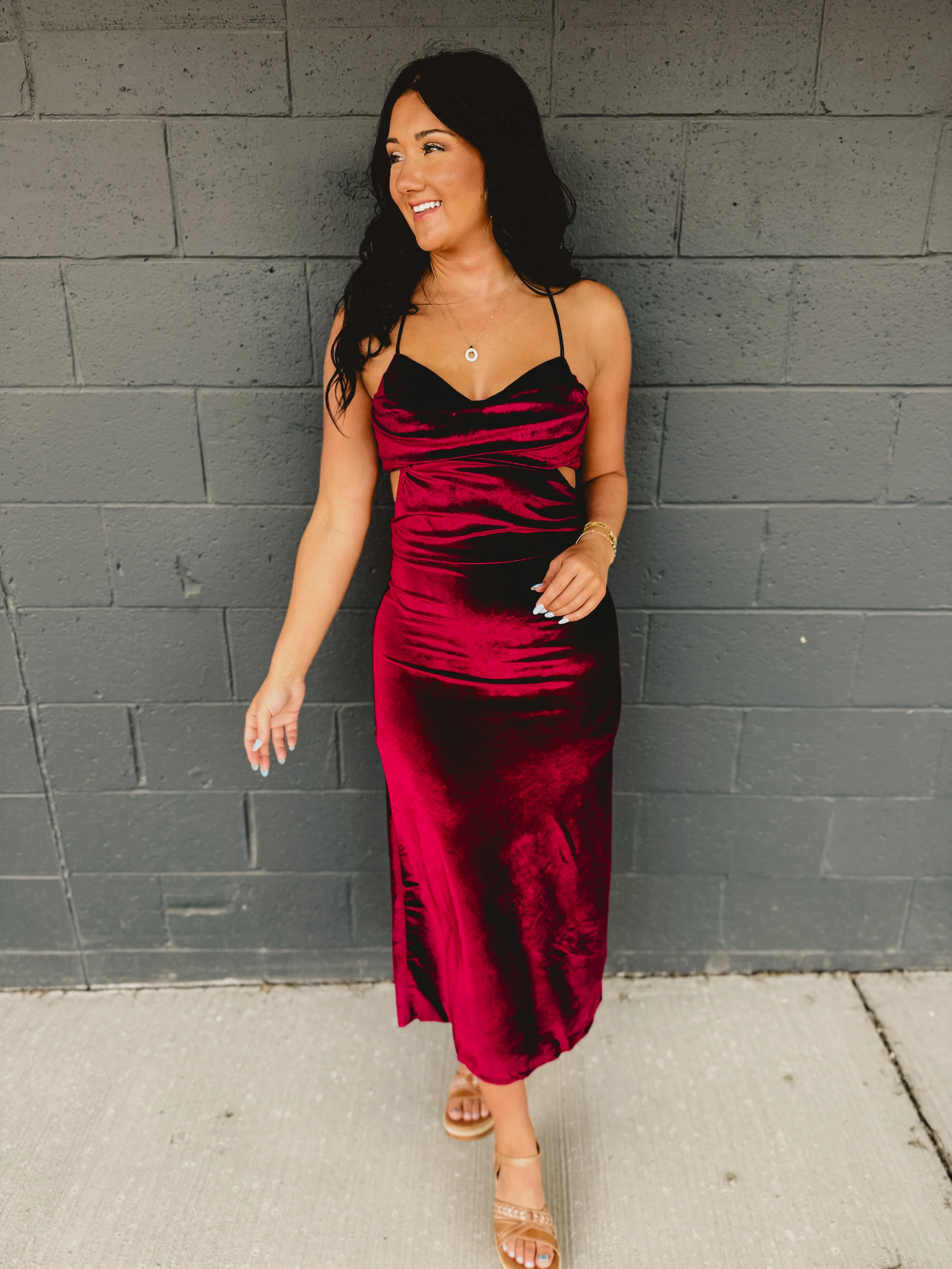 Velvet Cut-Out Open Back Maxi Dress - Burgundy