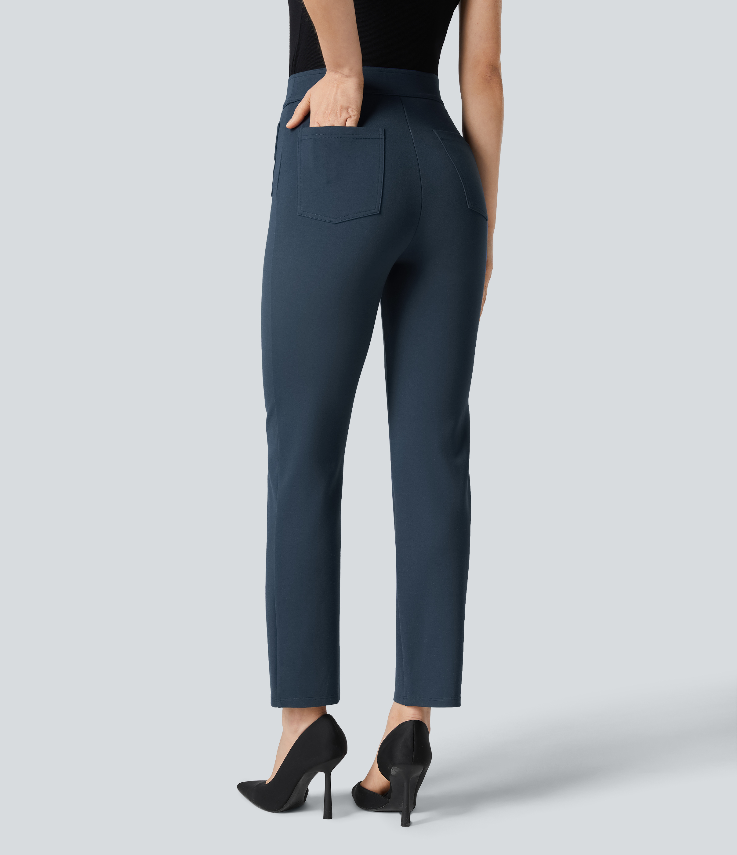High Waisted Pockets Ankle Length Work Pants