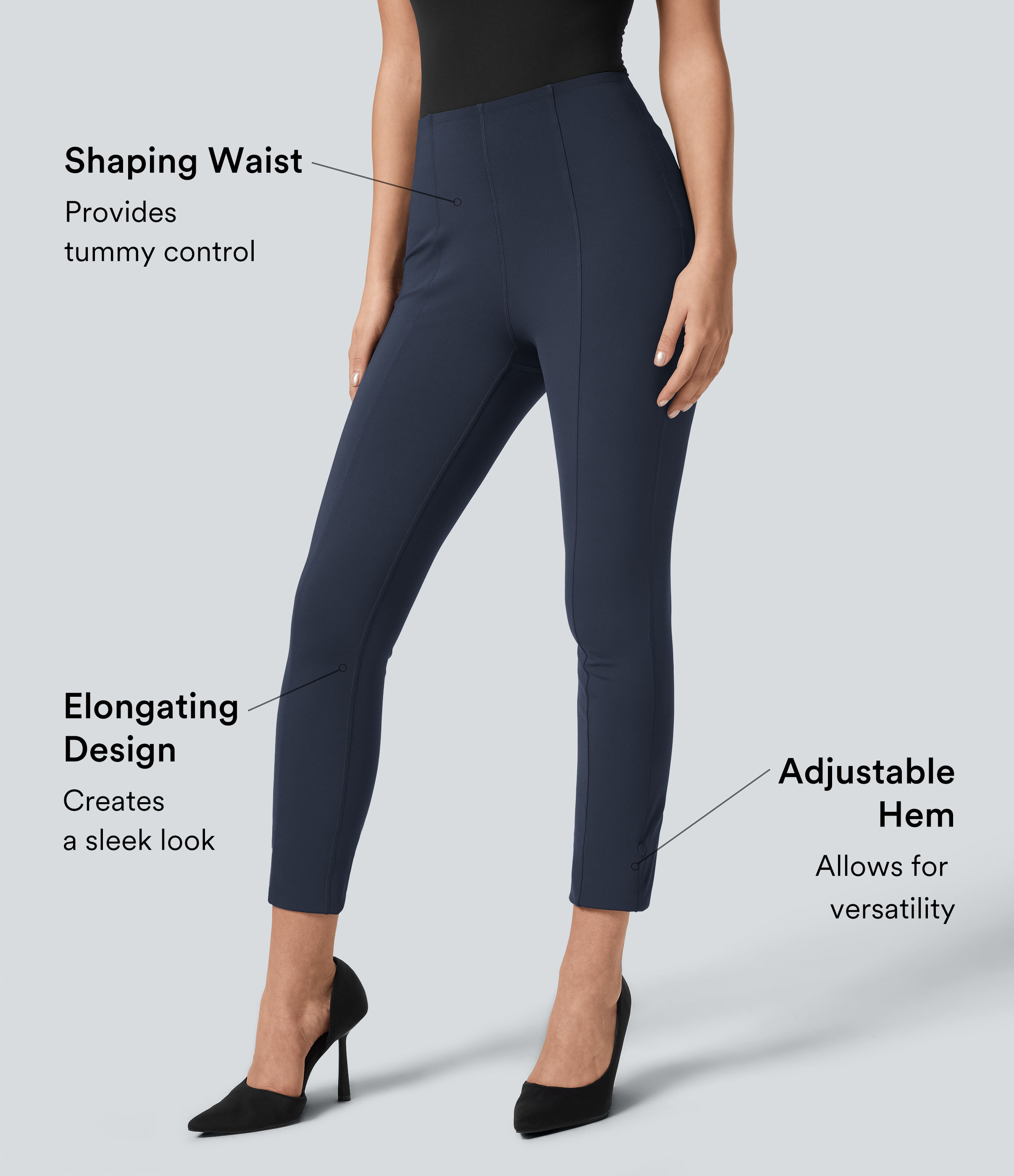High Waisted Tummy Control Adjustable Hem Work 7/8 Pants