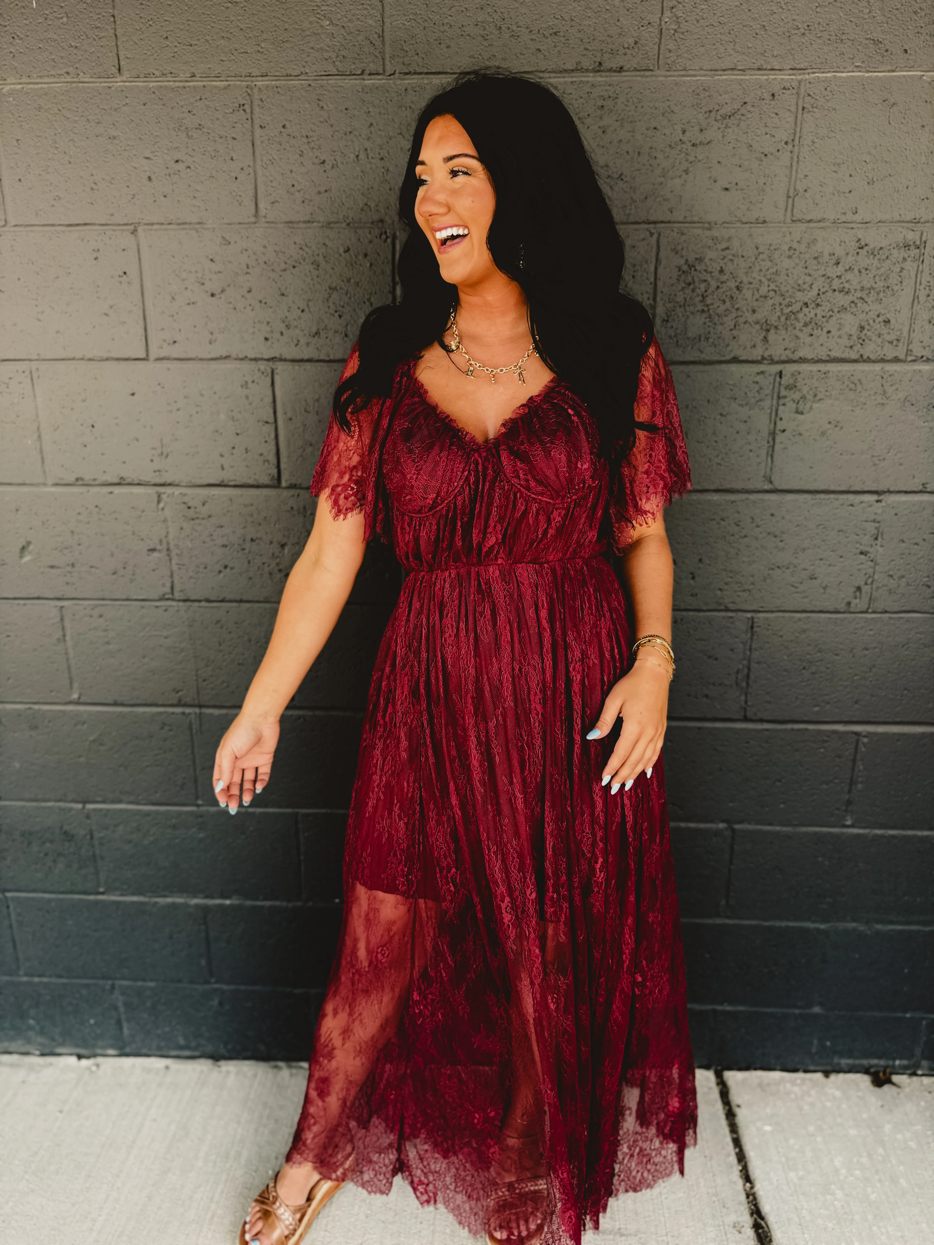 Floral Lace Overlay Maxi Dress - Wine